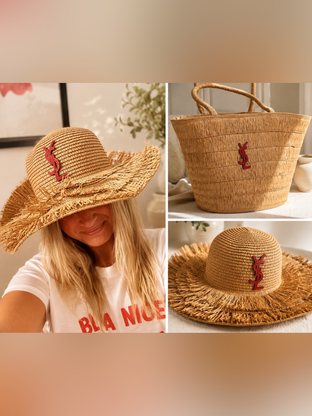 Tan Straw Fringe Sun Hat AND BAG with Red Logo